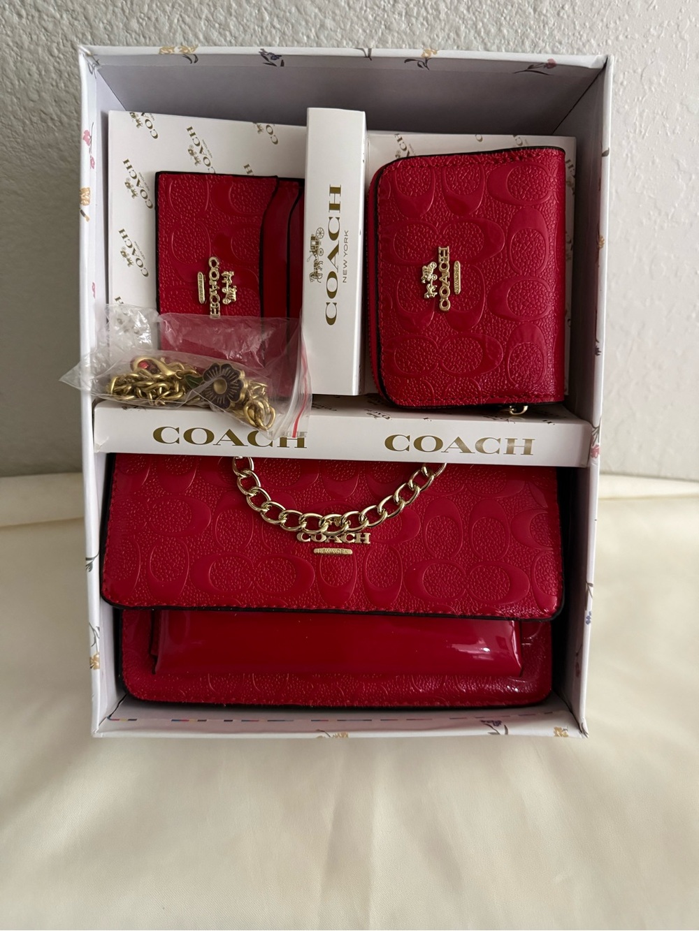 Coach Red Signature Leather Crossbody Set with Gold Chain NEW